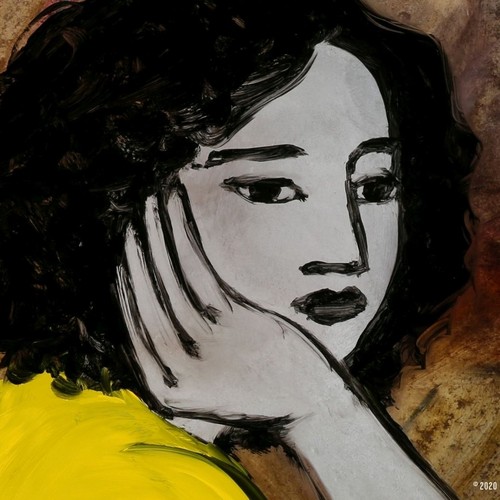 Zeichnung: Eine Frau mit einem gelben Oberteil und schwarzen lockigen Haaren stützt ihren Kopf in die Hand.