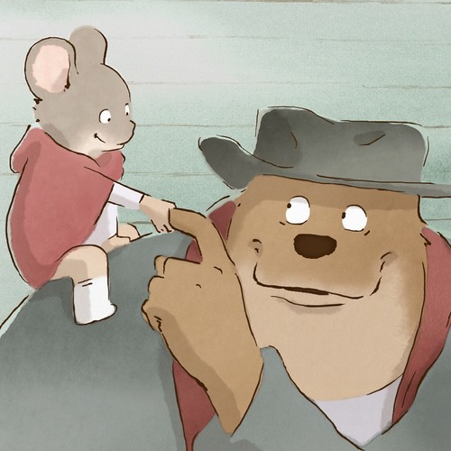Eine Zeichnung von einer Maus, auf der Schulter eines Bären sitzt.