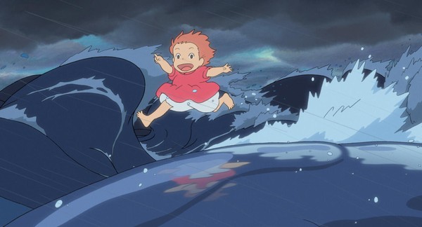 Anime-Bild: Ein kleines Mädchen läuft lachend über tosende Wellen.