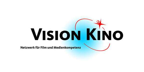 Der Schriftzug "Vision Kino - Netzwerk für Film und Medienkompetenz" mit einem roten Kreis und Stern um das Wort "Kino".