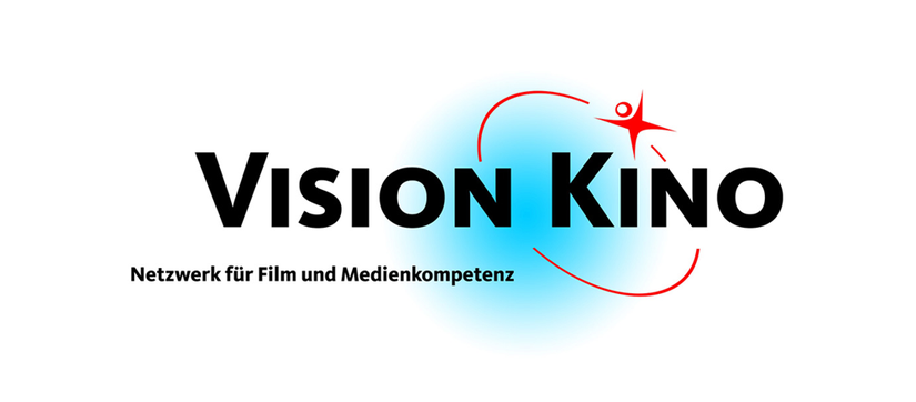 Der Schriftzug "Vision Kino - Netzwerk für Film und Medienkompetenz" mit einem roten Kreis und Stern um das Wort "Kino".