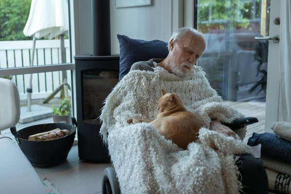 Ein alter Mann sitzt zugedeckt in einem Rollstuhl mit einer Katze auf dem Schoß und schläft.