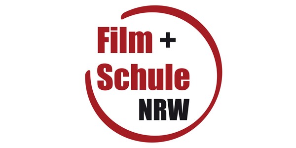 Der Schriftzug "Film + Schule NRW" mit einem roten Kreis drum herum.