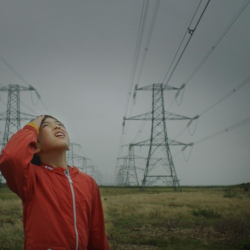 Ein Junge steht auf einem Feld und blickt zu Stromleitungen hinauf.