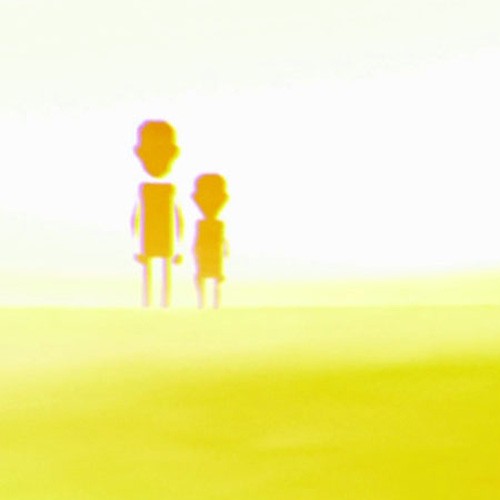 Zwei gemalte Figuren in einer gelben Wüstenlandschaft.
