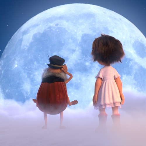 Ein Mädchen und ein Maikäfer blicken auf den riesigen Mond.