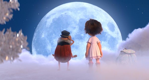 Anna und Herr Sumsemann stehen vor dem Mond.