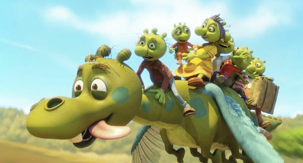 Eine Familie von grünen Wesen mit Antennen auf dem Kopf reitet auf einem Drachen, der ebenfalls Antennen auf dem Kopf hat.